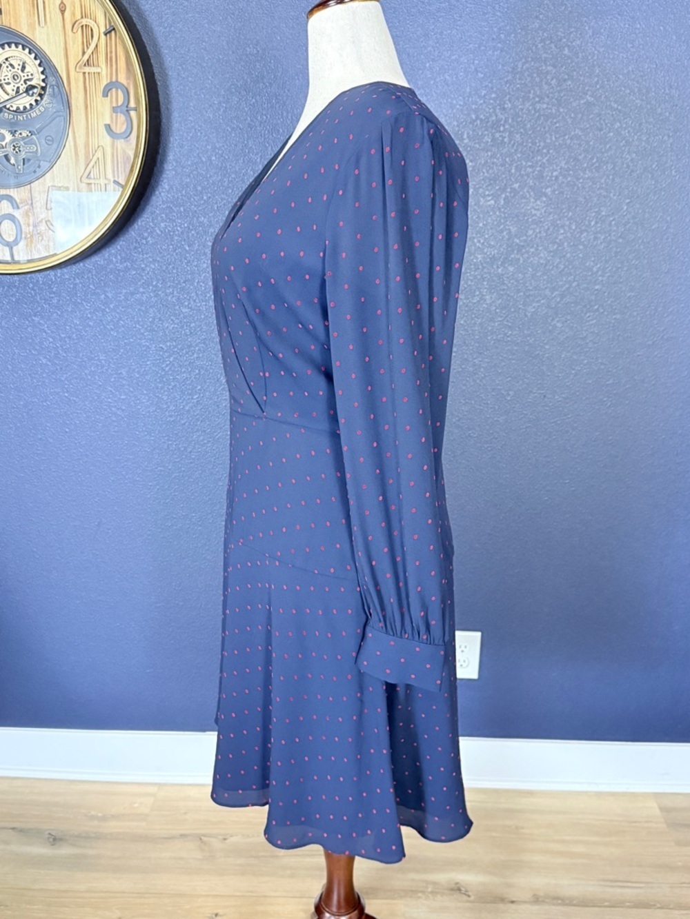 Ann Taylor Blue Red Polka Dot Long Sleeve Wrap Dress | Size 14 - Picture 2 of 9